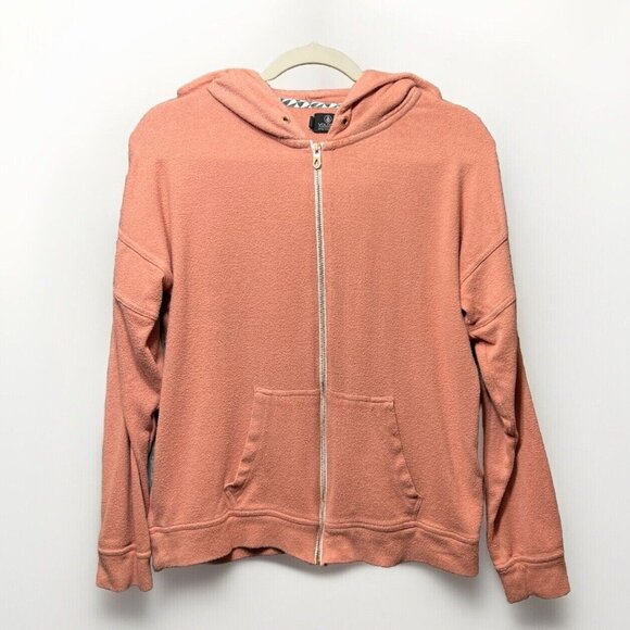 Volcom Zip Up Hoodie Women Small Pink Lived In Lounge Fleece‎ Sweatshirt - Picture 1 of 9